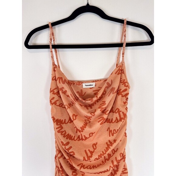 Nanushka Womens Dress Orange Alexa Scribble Logo Midi Bodycon Ruched Cami Small - Picture 4 of 12